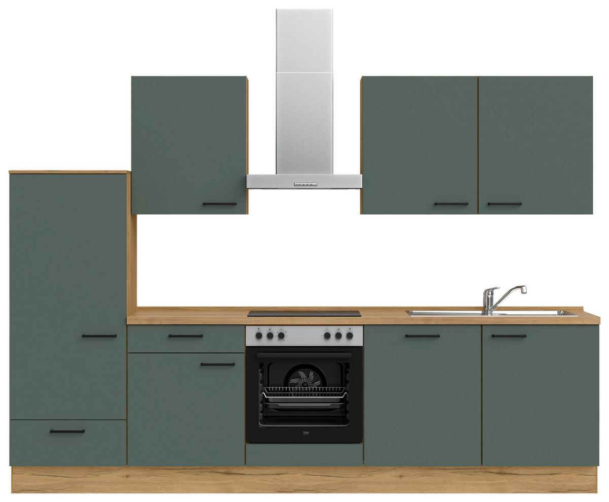 Küchenblock Easytouch m. Geräten Dunkelgrün - Dunkelgrün/Eichefarben, MODERN, Holzwerkstoff/Metall (300cm) - Nobilia