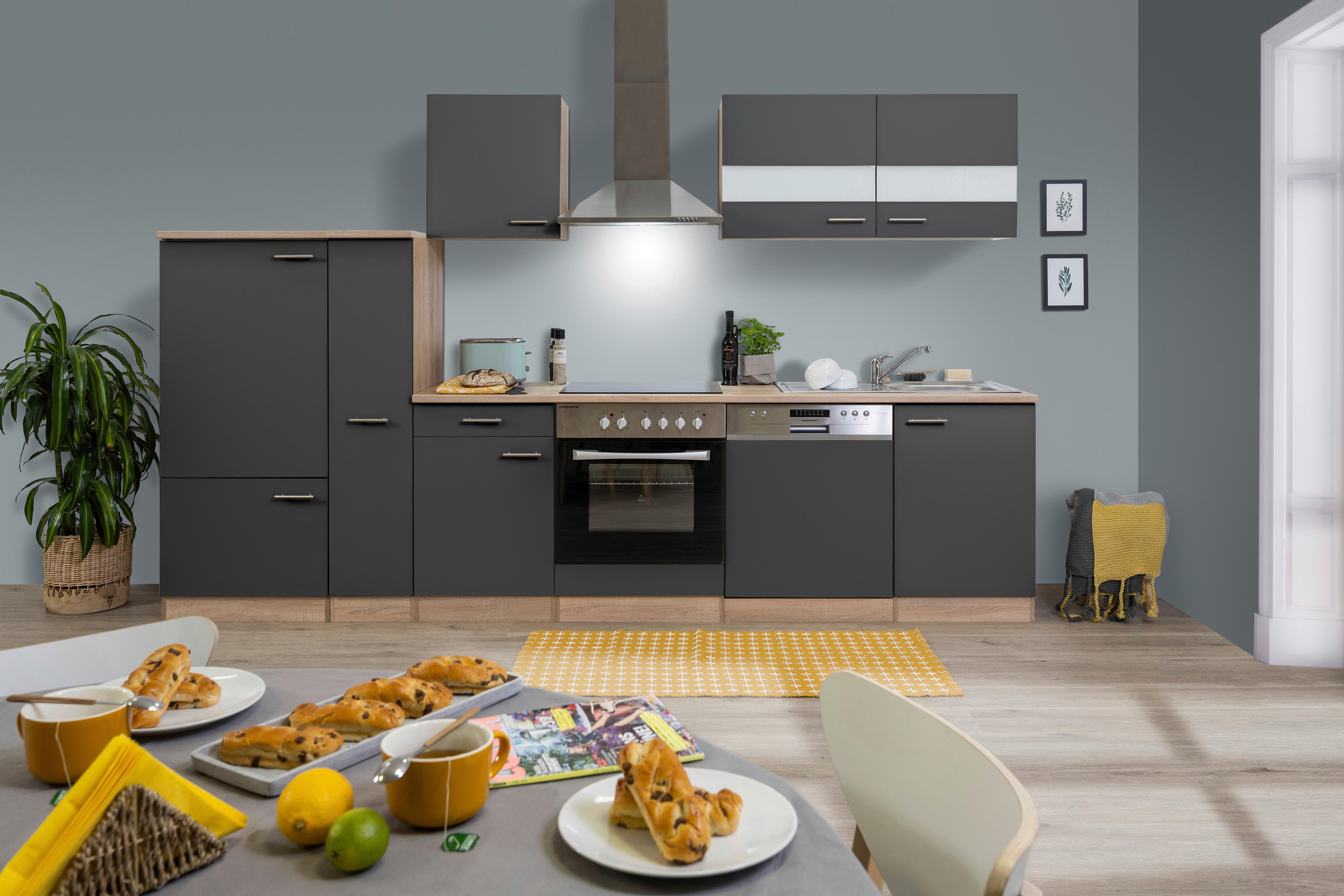 Küchenleerblock LBKB310ESG Grau/Eiche ca. 310 cm - Edelstahlfarben/Eichefarben, Basics, Holzwerkstoff/Metall (310cm) - Respekta