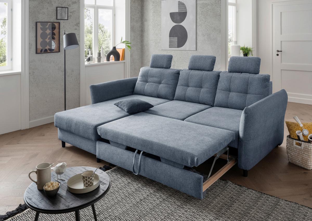 Wohnlandschaft Brizzini Hellblau Chenille - Blau/Schwarz, MODERN, Holz/Textil (176/250-280cm) - Livetastic