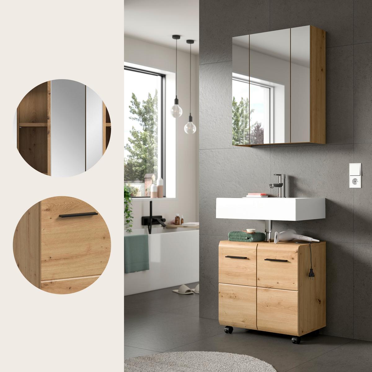 Badezimmer Ice Eiche Artisan - Schwarz/Eiche Artisan, Trend, Glas/Holzwerkstoff (60cm) - MID.YOU
