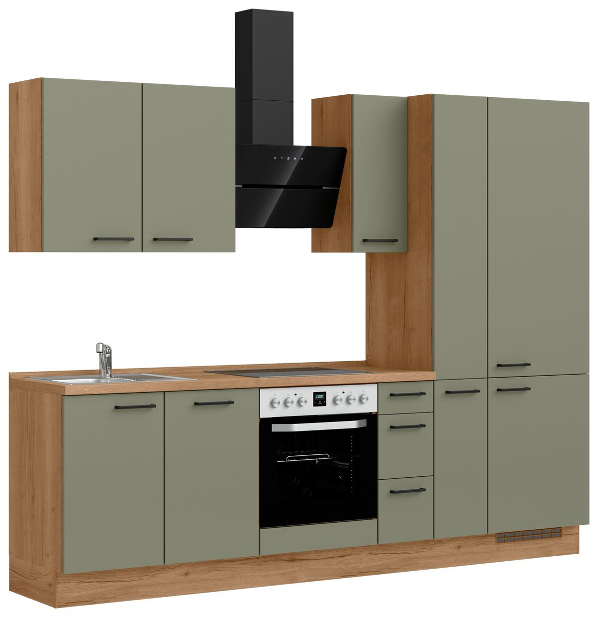 Küchenleerblock Senso High o. Geräte Olivgrün - Eichefarben/Schwarz, ROMANTIK / LANDHAUS, Holzwerkstoff/Metall (270cm) - Nobilia