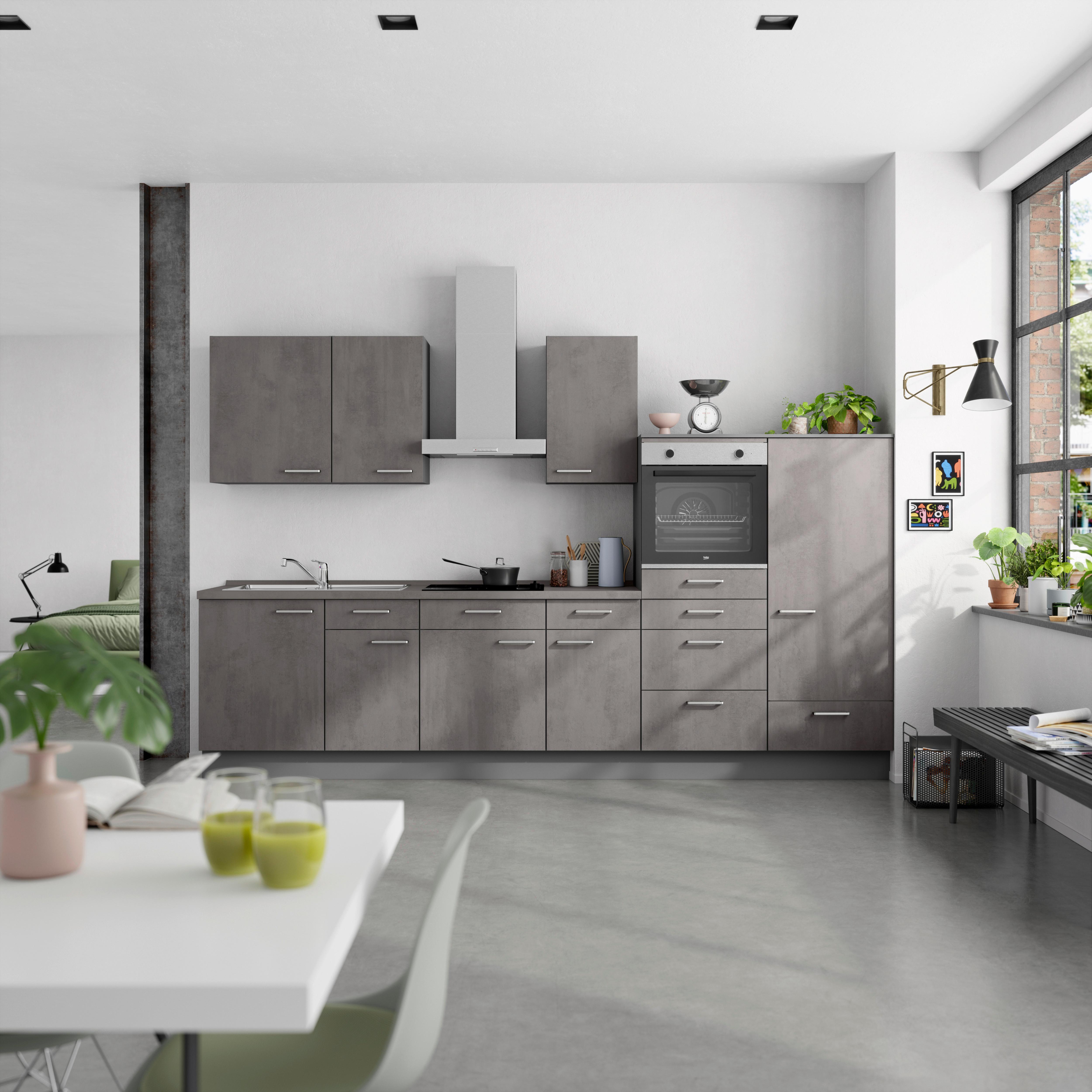Küchenblock Riva Low m. Geräten Schieferfarben - Schieferfarben/Edelstahlfarben, MODERN, Holzwerkstoff/Metall (330cm) - Nobilia