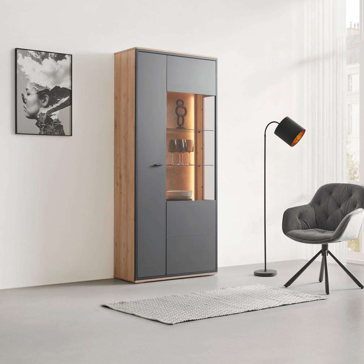 Vitrine Florenz Grau/Eiche Artisan - Schwarz/Eiche Artisan, MODERN, Glas/Holzwerkstoff (90,2/202,0/38cm) - Premium Living