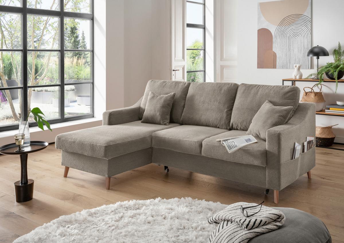 Ecksofa Valentina Graubraun Cord - Graubraun/Naturfarben, Design, Holz/Textil (150/228cm) - P & B