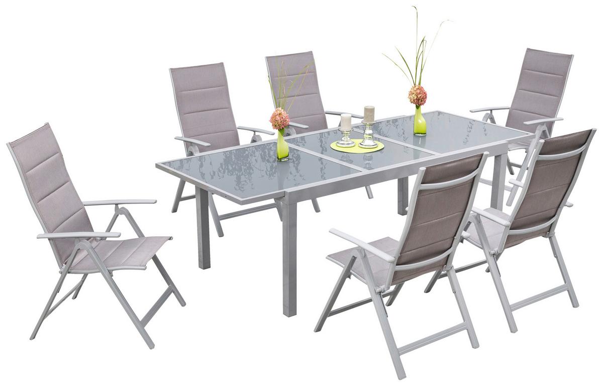 Gartengarnitur 7-tlg. Taviano Metall/Textil/Glas - Silberfarben/Braun, ROMANTIK / LANDHAUS, Textil/Metall - Gardenson