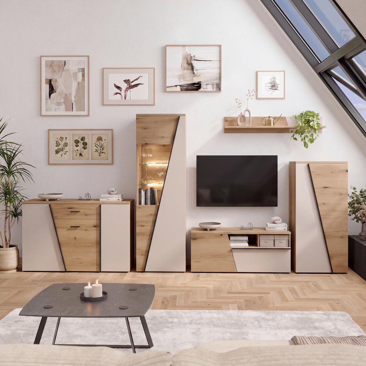 Vitrina Venedig New - kašmir/boja hrasta, Moderno, staklo/pločasti materijal (70/196/37cm) - Modern Living