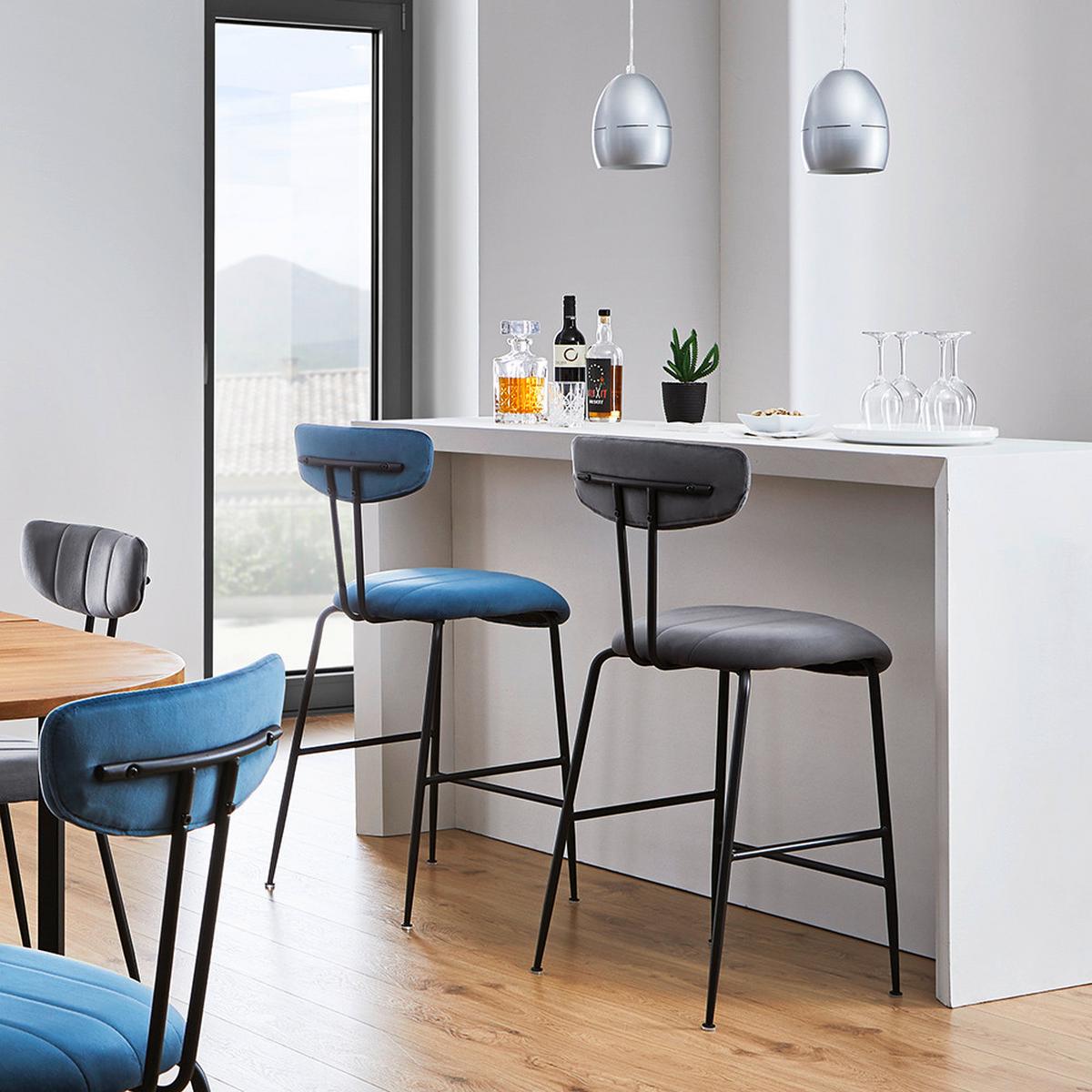Barhocker Tylor Blau Samt Gepolstert - Blau/Schwarz, MODERN, Holz/Textil (48/102/52cm) - Bessagi Home