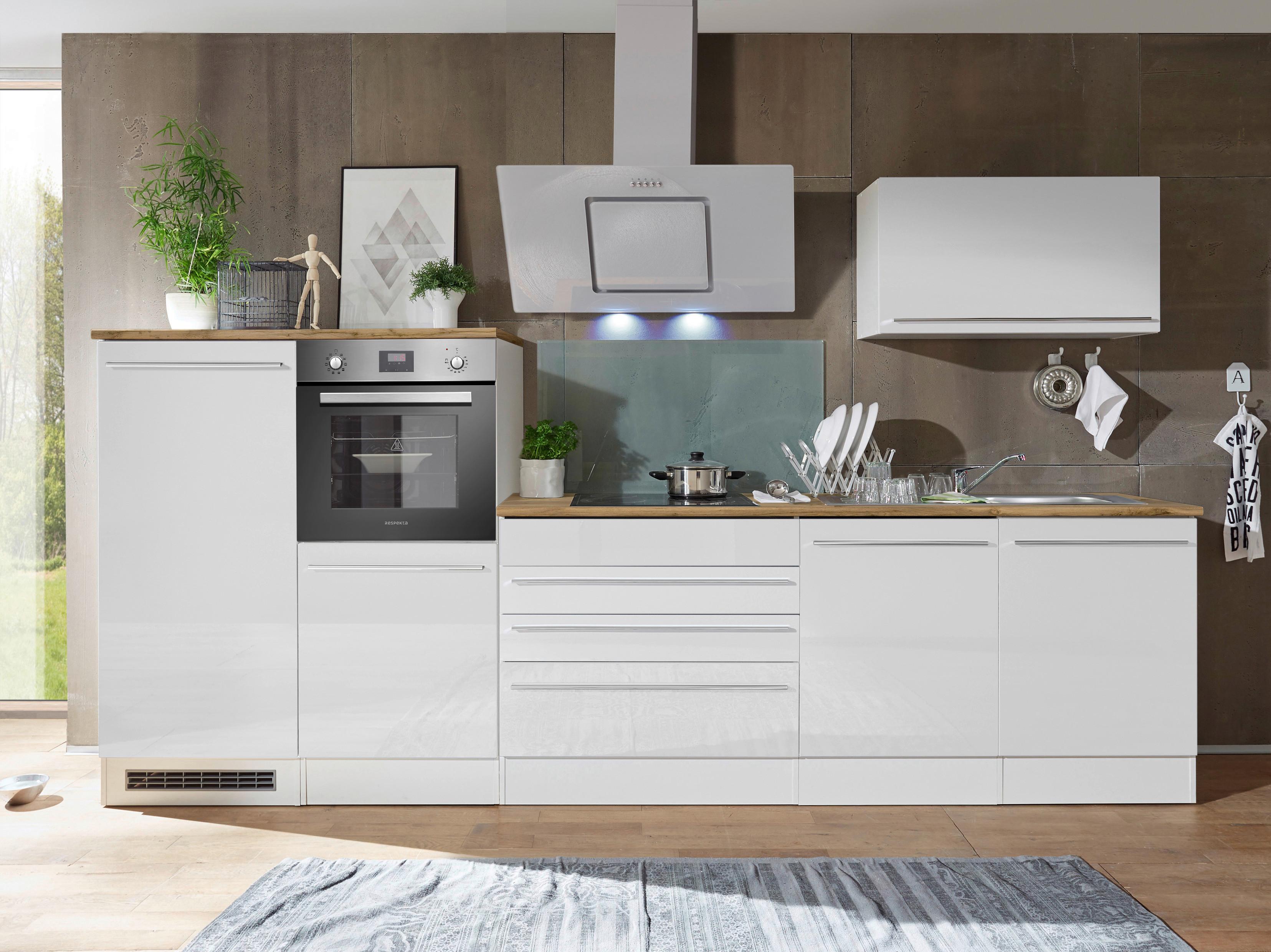 Küchenblock Premium m. Geräten Weiß/Eiche B: ca. 320cm - Eichefarben/Weiß, Basics, Holzwerkstoff (320cm) - Respekta