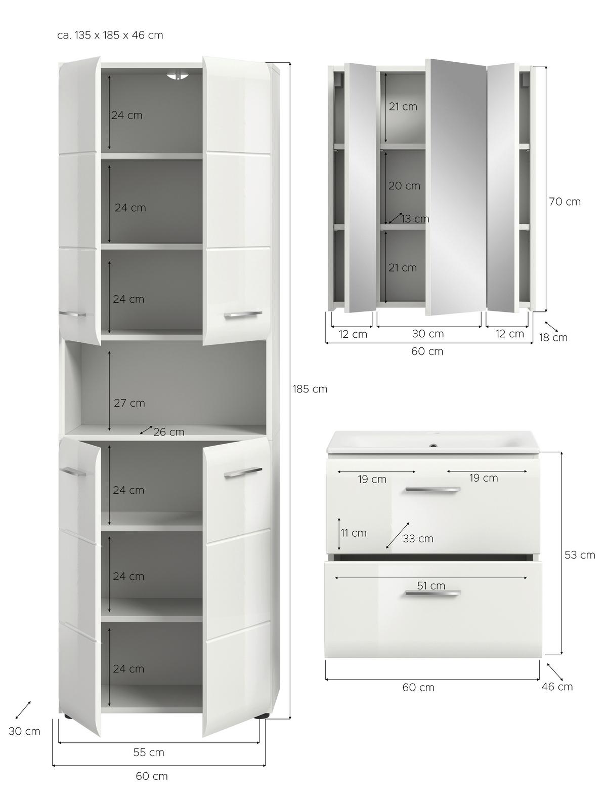 Badezimmer Ice 4-tlg. ca. 120 cm Weiß - Weiß Hochglanz/Silberfarben, MODERN, Keramik/Holzwerkstoff (120cm) - MID.YOU