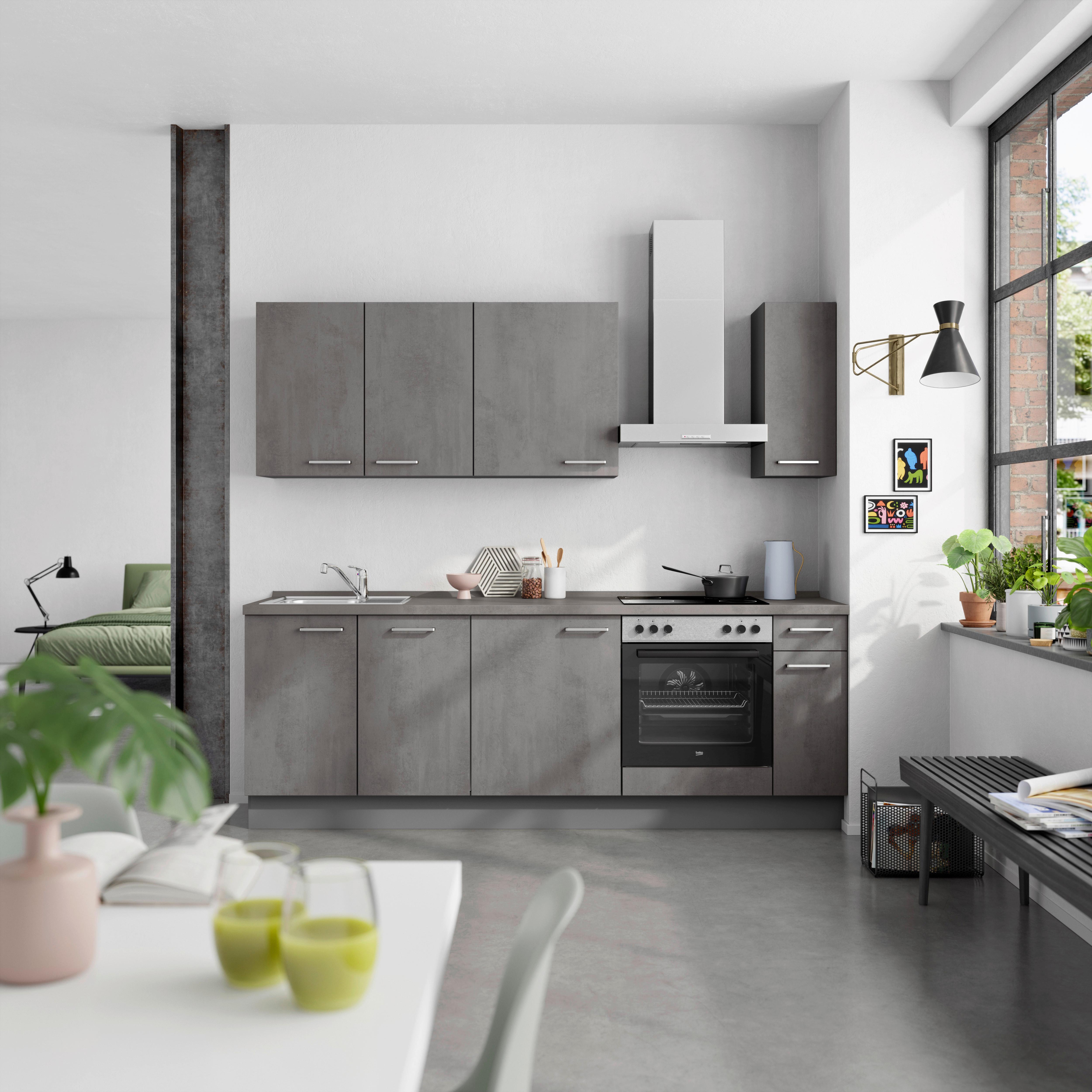 Küchenblock Riva Low m. Geräten Schieferfarben - Schieferfarben/Edelstahlfarben, MODERN, Holzwerkstoff/Metall (240cm) - Nobilia