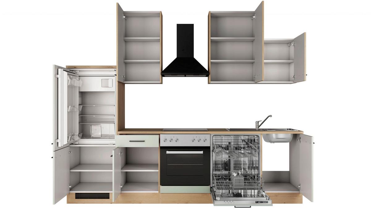 Küchenblock Cara m. Geräten Schilfgrün - Schilfgrün/Schwarz, Trend, Holzwerkstoff/Metall (280cm) - FlexWell