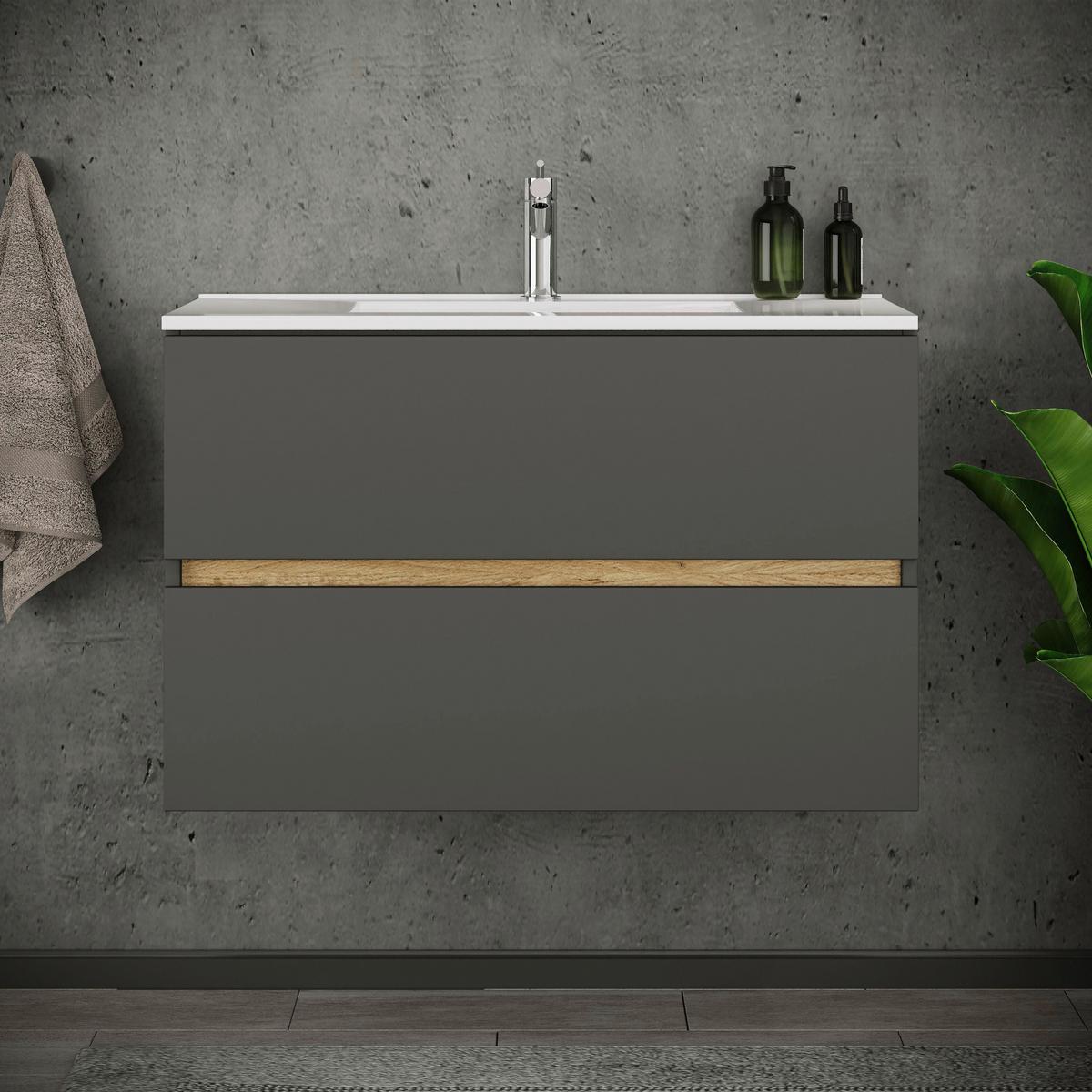 Badezimmer Cosila - Honigeiche/Weiss, Trend, Keramik/Holzwerkstoff (81/51/47cm) - MID.YOU