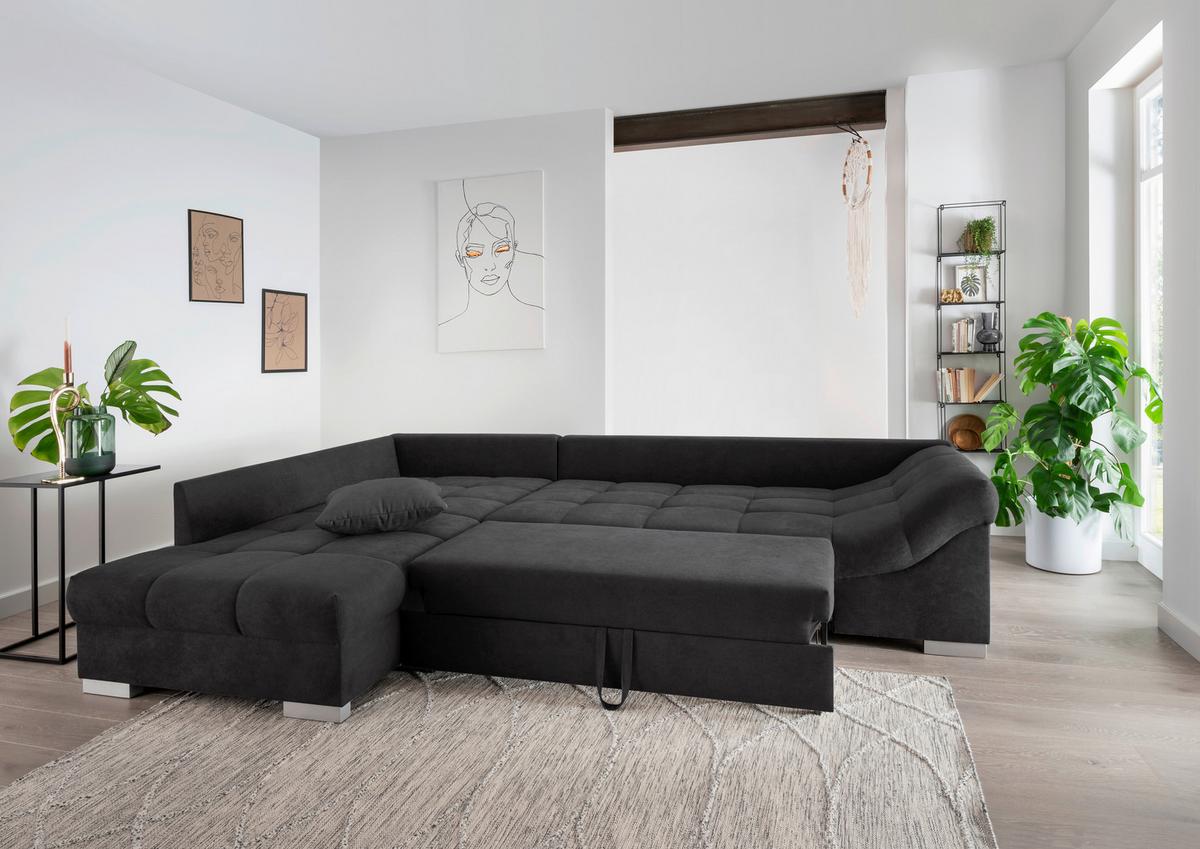 Wohnlandschaft Alvito Schwarz Nylon/Mikrofaser - Silberfarben/Schwarz, Design, Holz/Textil (202/298cm) - MID.YOU