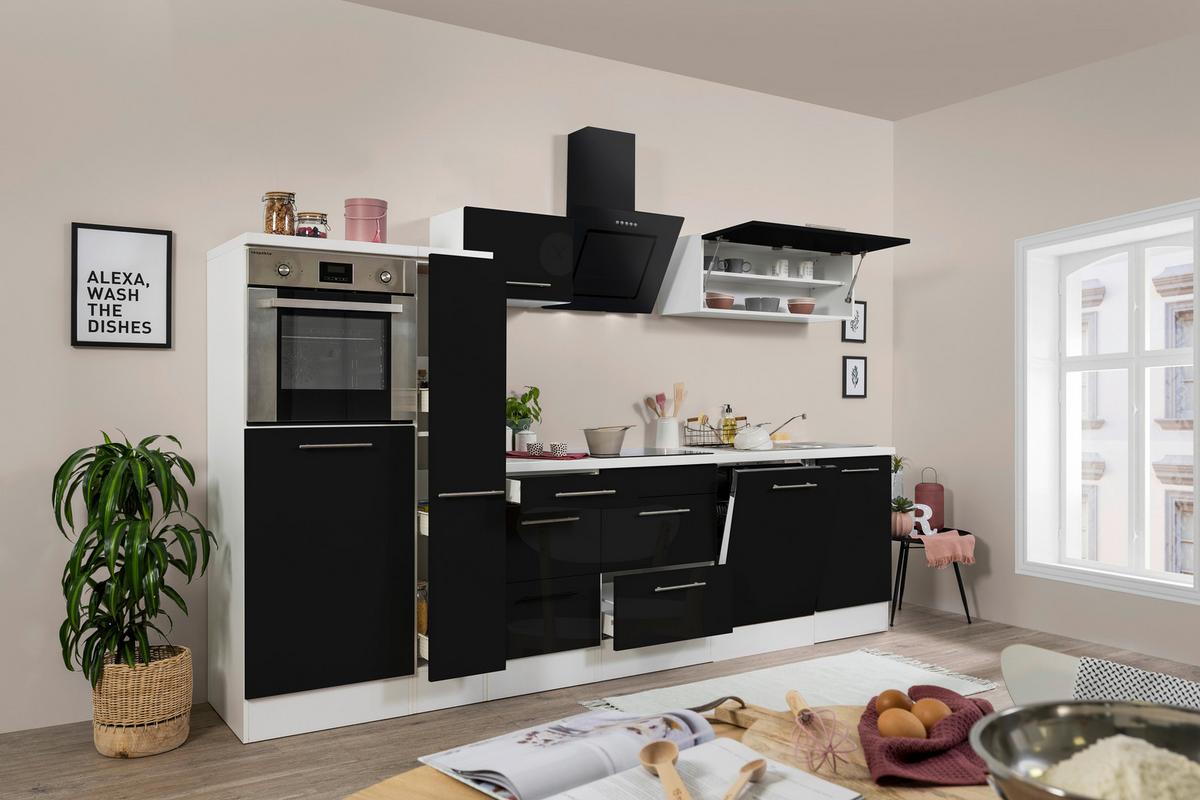 Küchenzeile mit Geräte Schwarz Hochglanz/Weiß B: ca. 310 cm - Edelstahlfarben/Schwarz, KONVENTIONELL, Holzwerkstoff/Metall (310cm) - Respekta