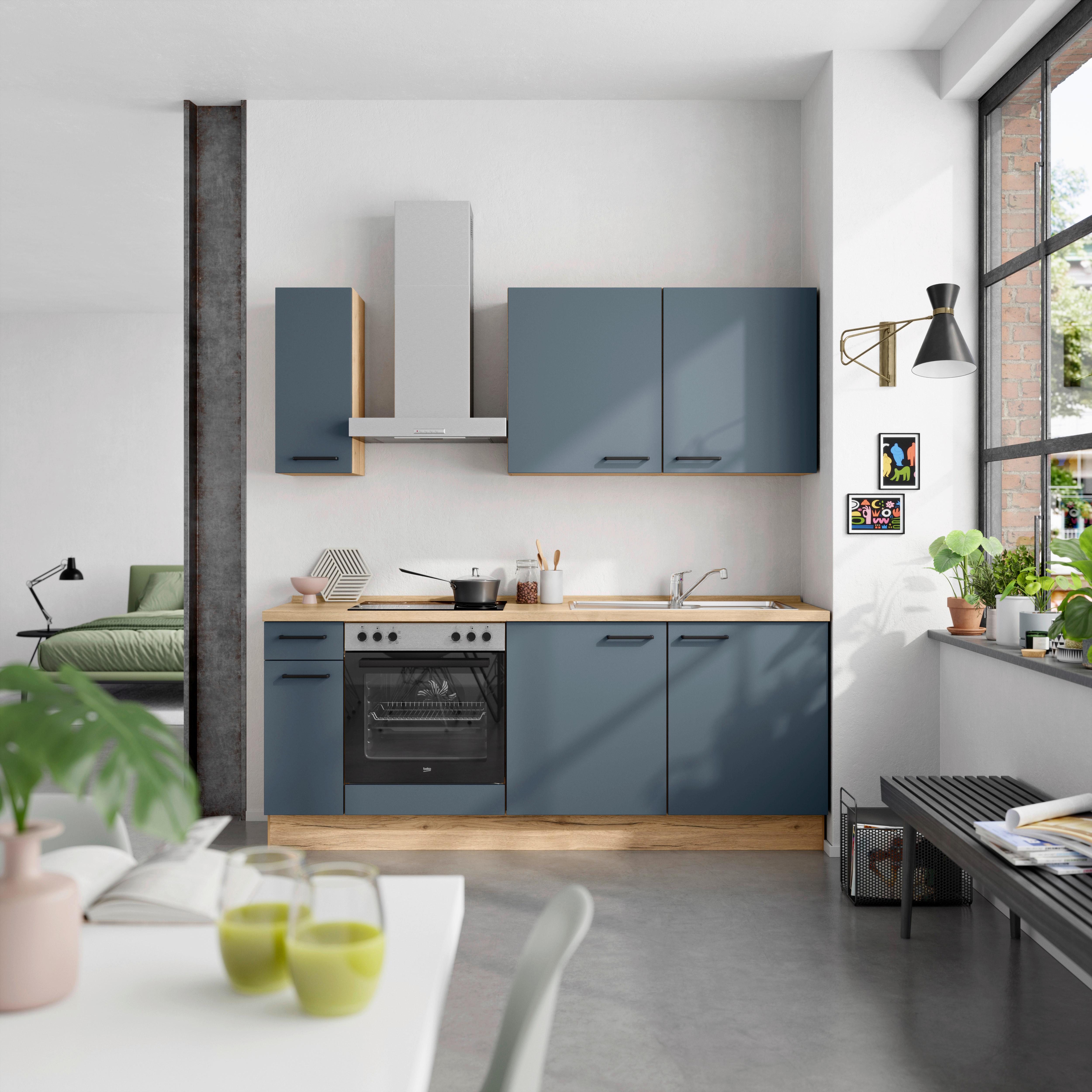 Küchenblock Easytouch Low m. Geräten Dunkelblau - Eichefarben/Schwarz, MODERN, Holzwerkstoff/Metall (210cm) - Nobilia
