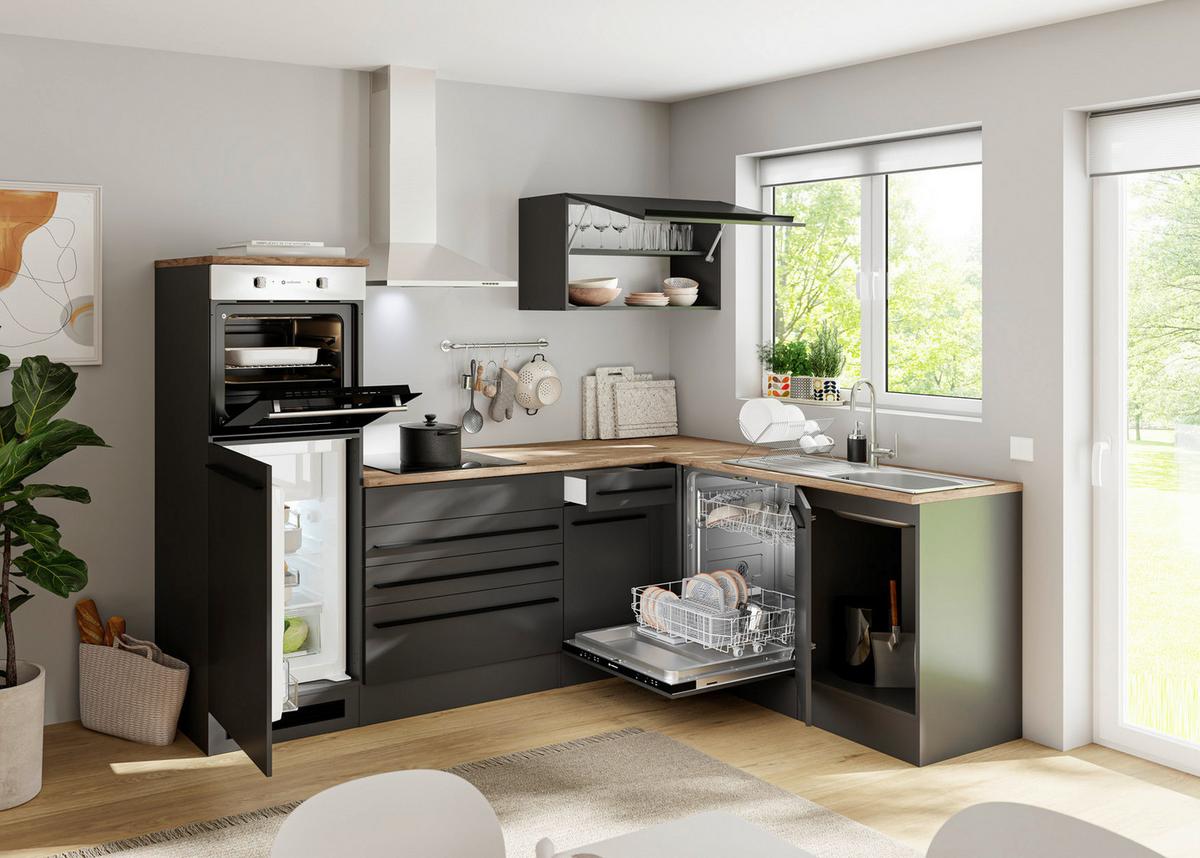 Konyhablokk Gépek Nélkül Jazz 6 - tölgyfa színű/fekete, Modern, faalapú anyag (260/200/60cm) - Modern Living