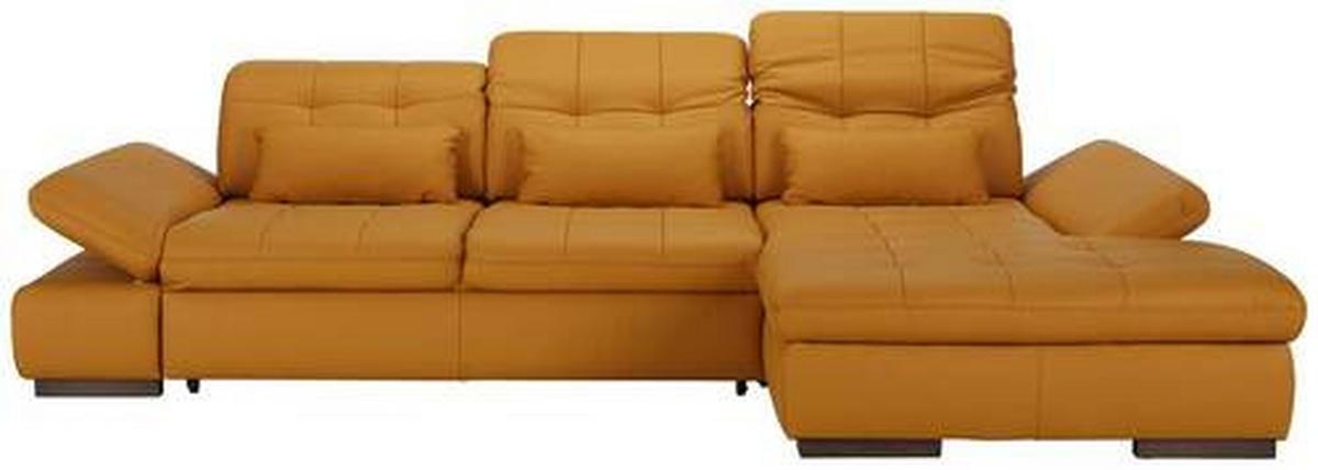 Ledersofa in Gelb mit Bettfunktion - Currygelb/Chromfarben, Konventionell, Leder/Metall (305/199cm) - Premium Living