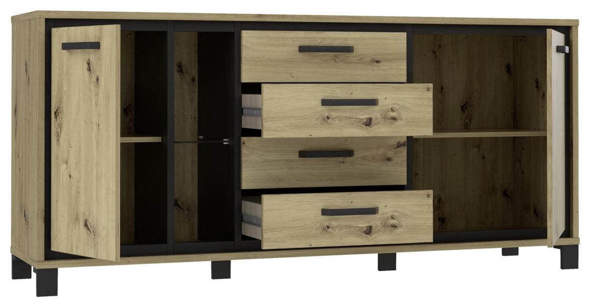 Sideboard "Trondheim" , Schwarz, Eiche - Eichefarben/Schwarz, Basics, Glas/Holzwerkstoff (177,4/81,3/41,5cm) - Livetastic