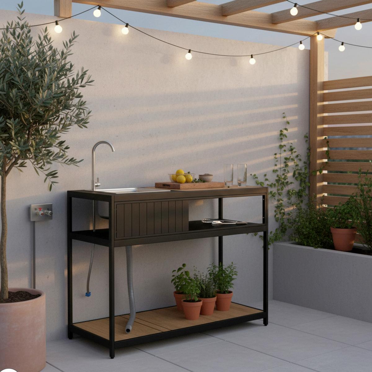 Outdoorküche Delia Schwarz /Naturfarben inkl. Abdeckung - Schwarz/Naturfarben, MODERN, Kunststoff/Metall (127/126/53,5cm) - Bessagi Garden