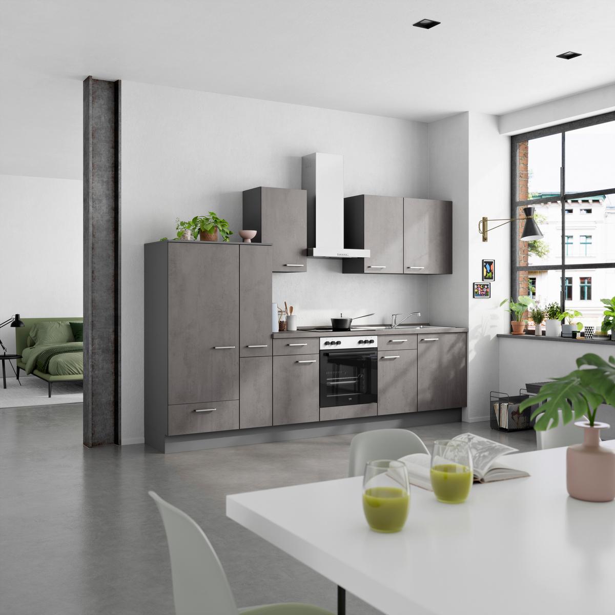Küchenblock Riva Low m. Geräten Schieferfarben - Schieferfarben/Edelstahlfarben, MODERN, Holzwerkstoff/Metall (300cm) - Nobilia