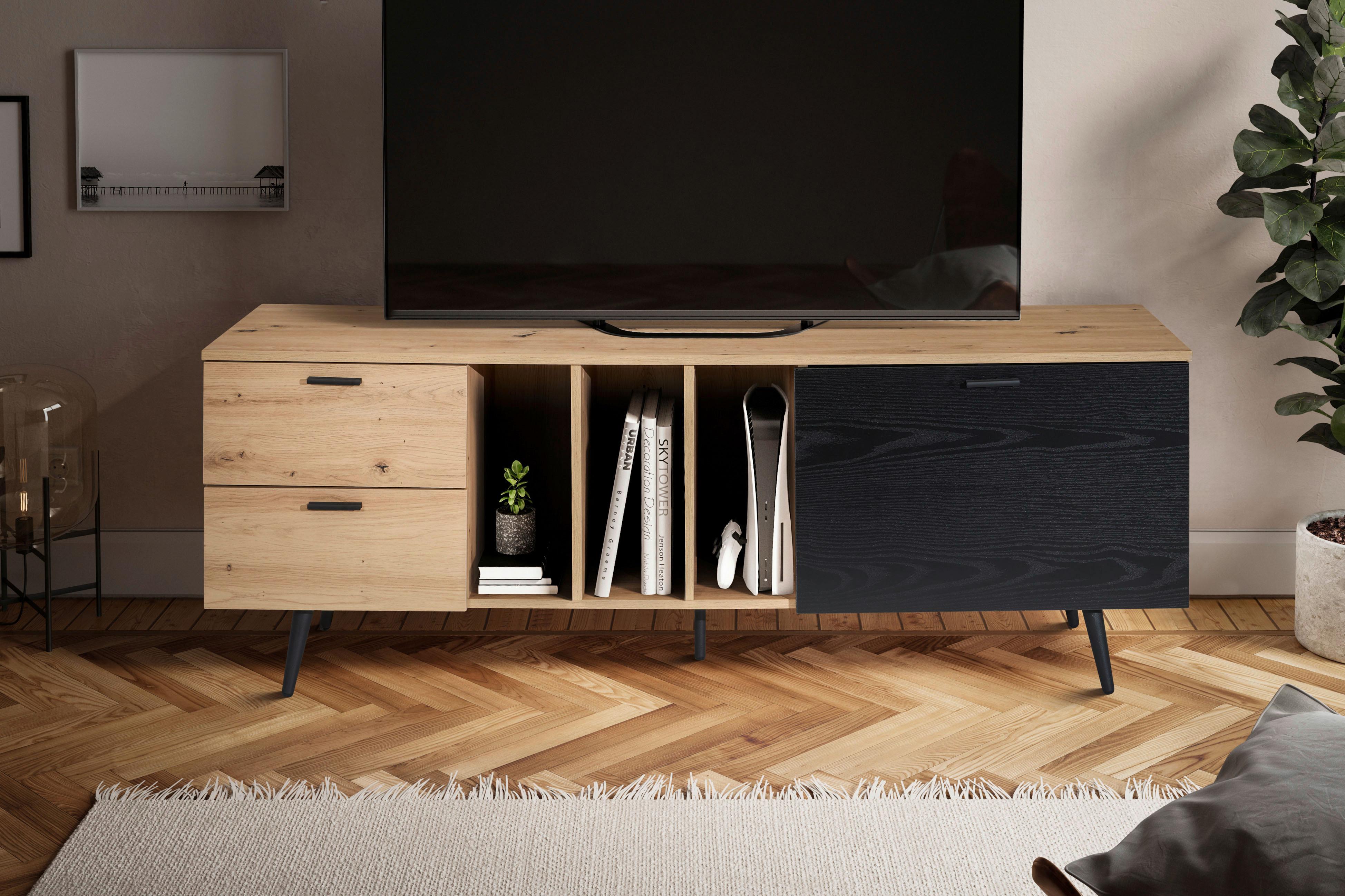 Nizka Omarica Wl6.820 - črna/barve hrasta, Design, kovina/leseni material (150/55/40cm) - Livetastic