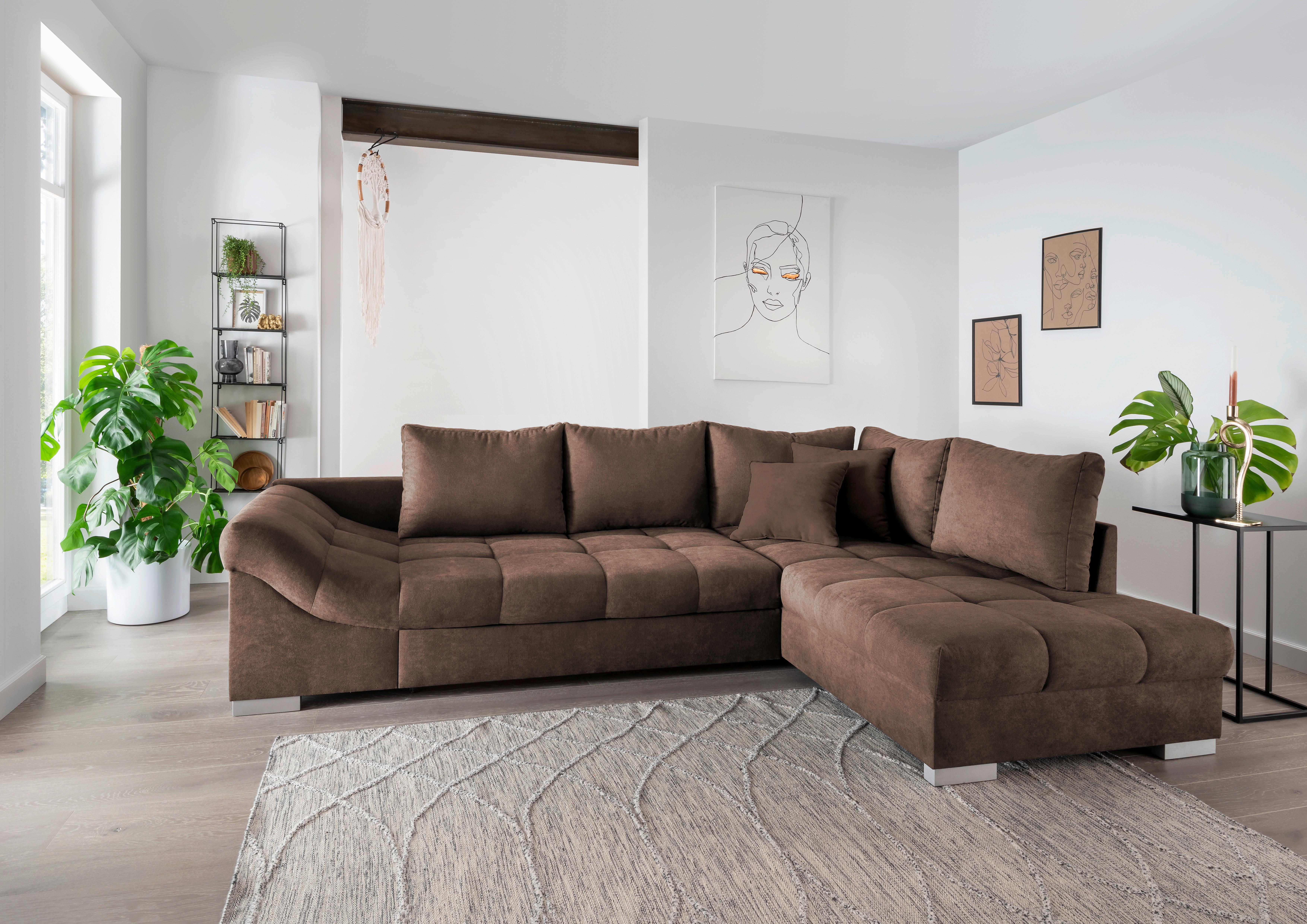 Wohnlandschaft Alvito Braun Nylon/Mikrofaser - Silberfarben/Braun, Design, Holz/Textil (298/202cm) - MID.YOU