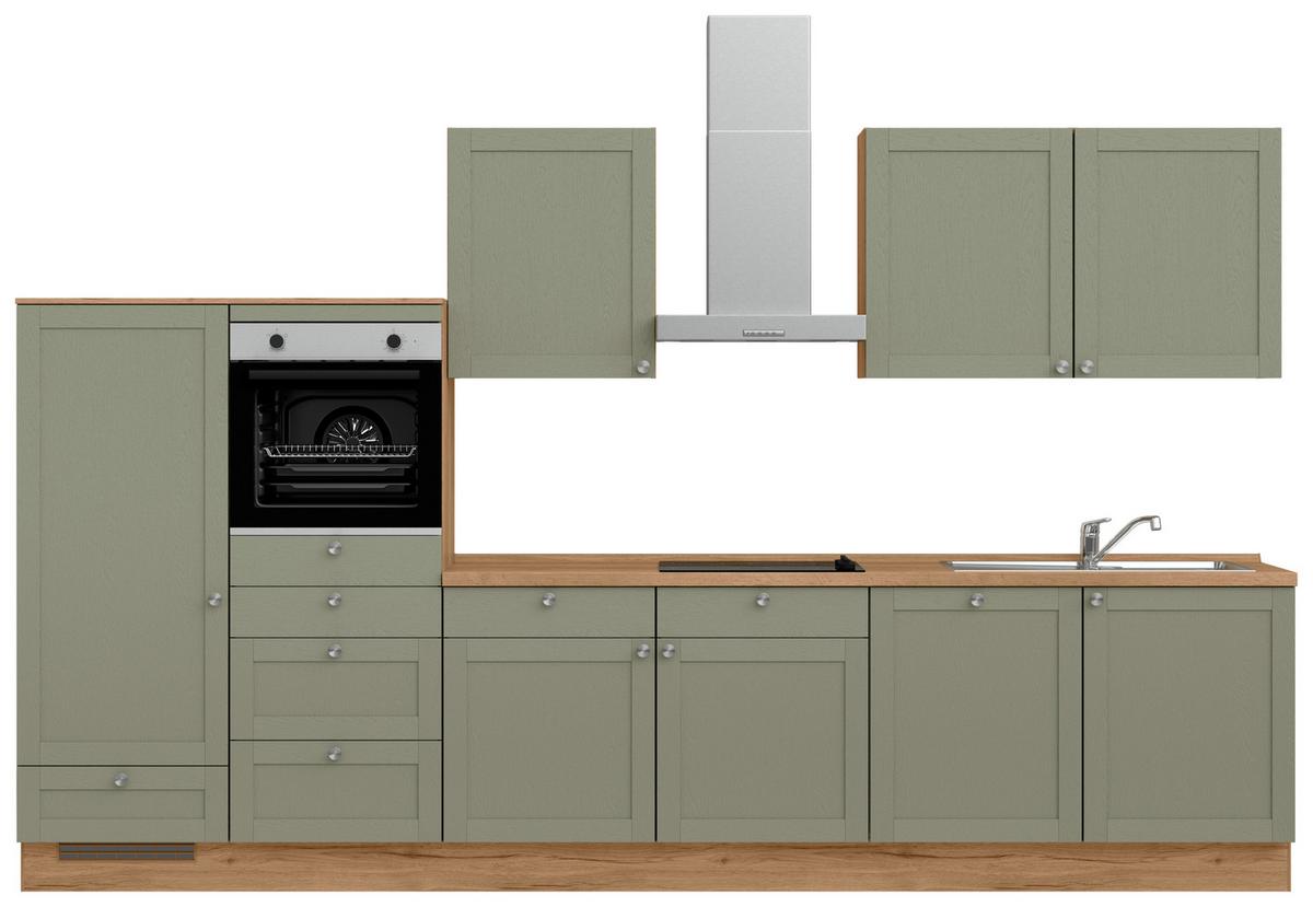Küchenleerblock Frame Low o. Geräte Olivgrün - Edelstahlfarben/Eichefarben, MODERN, Holzwerkstoff/Metall (360cm) - Nobilia