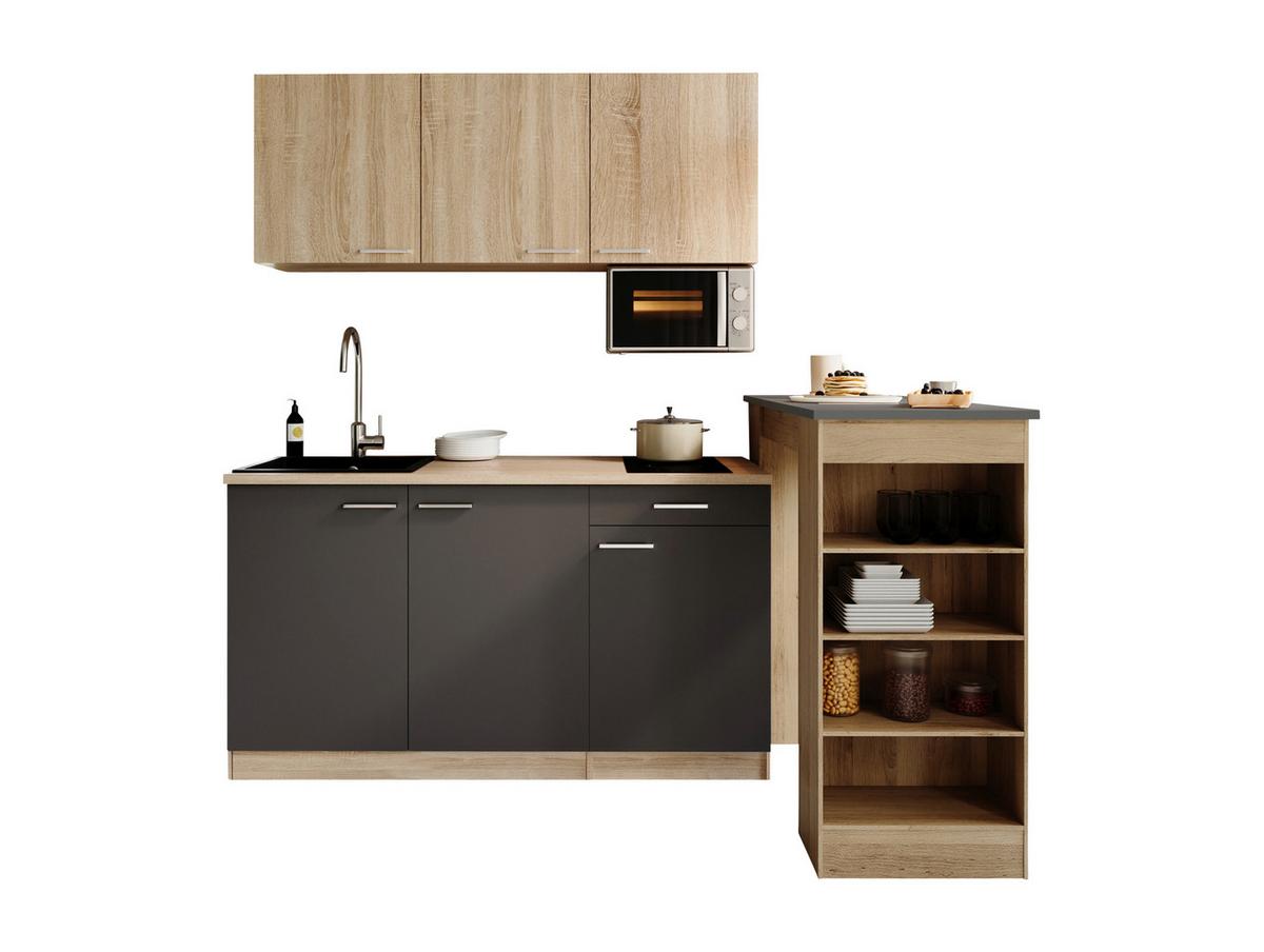 Miniküche Ingrid m. Geräten ca. 150cm Grau - Eichefarben/Alufarben, Design, Holzwerkstoff/Kunststoff (150cm) - Respekta