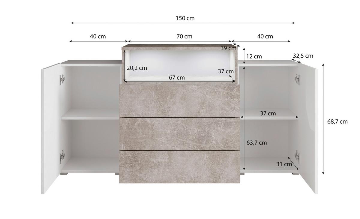 Sideboard Urban III mit LED ca. 150x69 cm Weiß/Eiche Wotan - Weiß Hochglanz/Eiche Wotan, LIFESTYLE, Holzwerkstoff/Kunststoff (150/68,7/32,5cm) - P & B