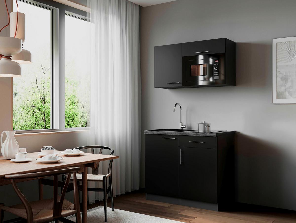 Miniküche Oliver m. Geräten ca. 100cm Schwarz - Schwarz/Grau, Trend, Holzwerkstoff/Metall (100cm) - Respekta