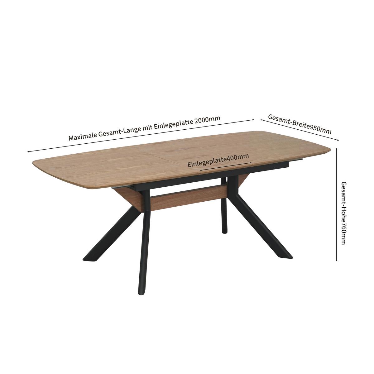 Raztegljiva Miza Riga, Naravna Barva, Črna, 160-200x95 - črna/naravne barve, Moderno, kovina/leseni material (160-200/95/76cm) - Livetastic