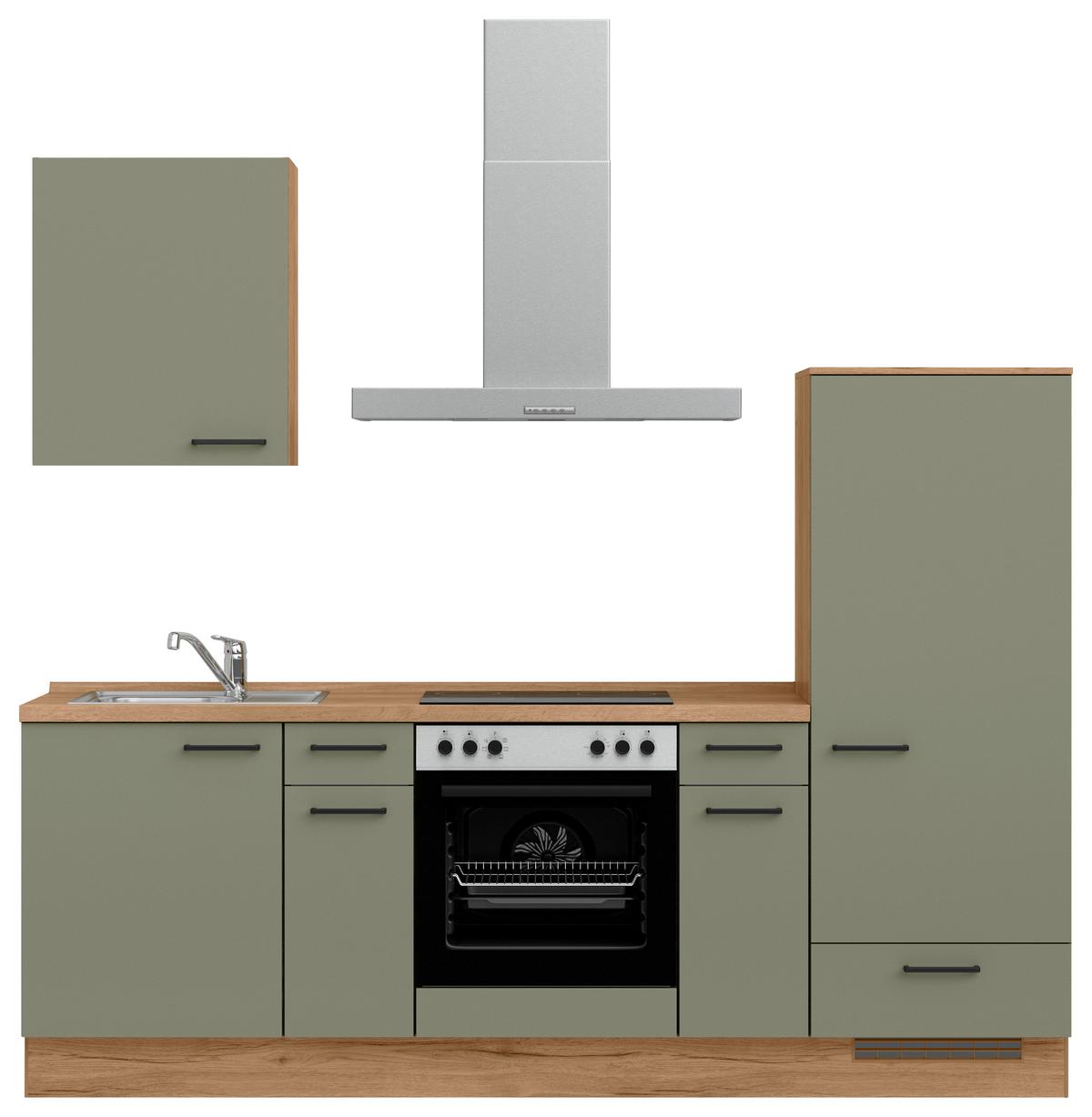 Küchenleerblock Senso Low o. Geräte Olivgrün - Eichefarben/Schwarz, MODERN, Holzwerkstoff/Metall (240cm) - Nobilia