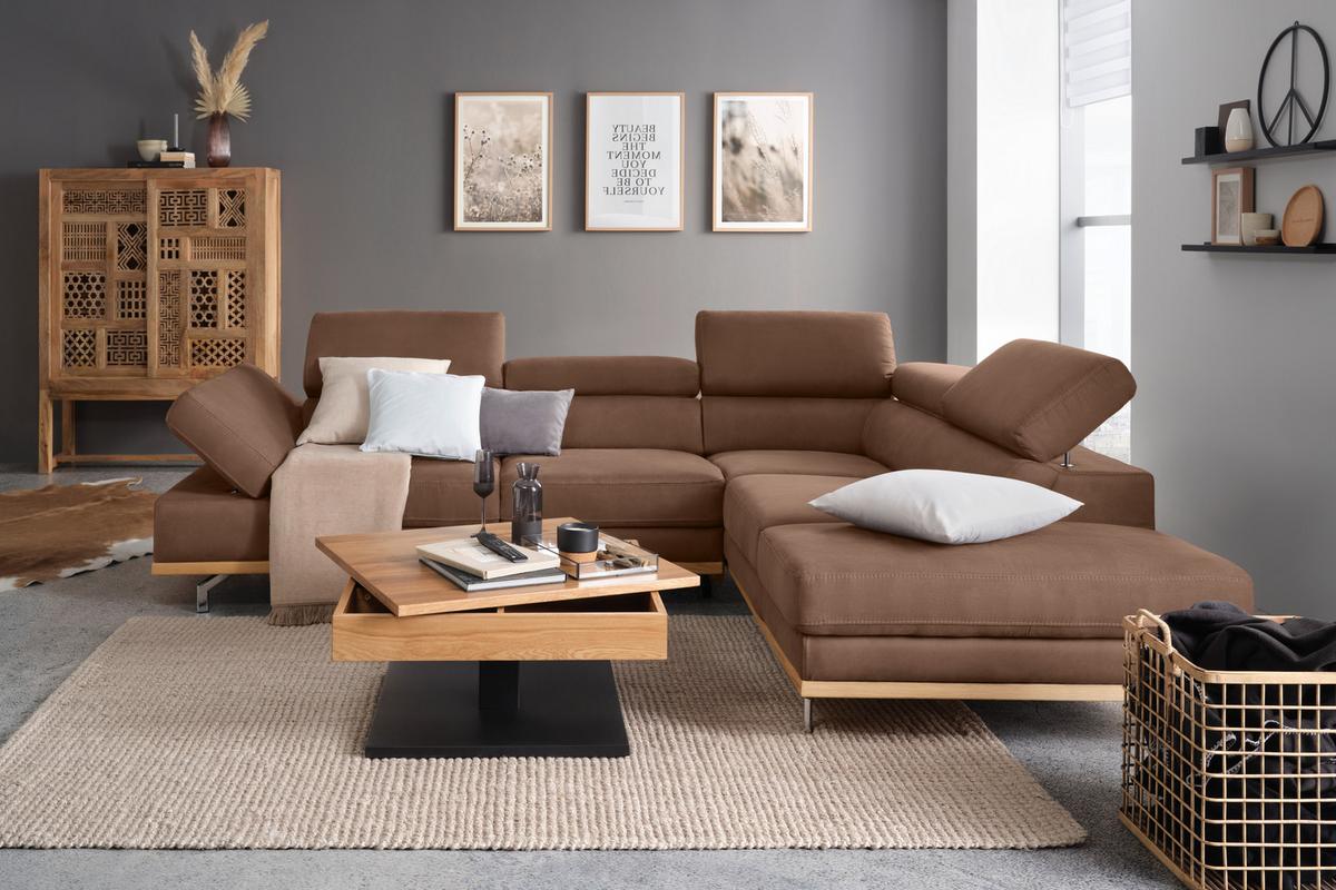 Wohnlandschaft Carmen in Braun mit Bettfunktion - Chromfarben/Braun, KONVENTIONELL, Holz/Textil (292/93/226cm) - Based