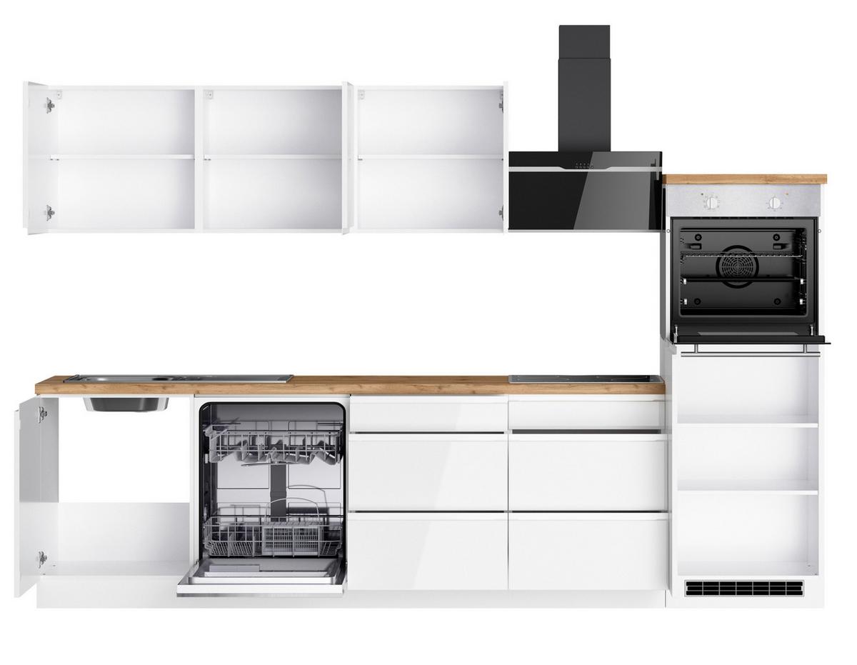 Küchenzeile Monza mit Geräten ca. 300 cm Weiß/Eiche + Spüle - Weiß Hochglanz/Eiche Wotan, LIFESTYLE, Holzwerkstoff (300cm) - Held