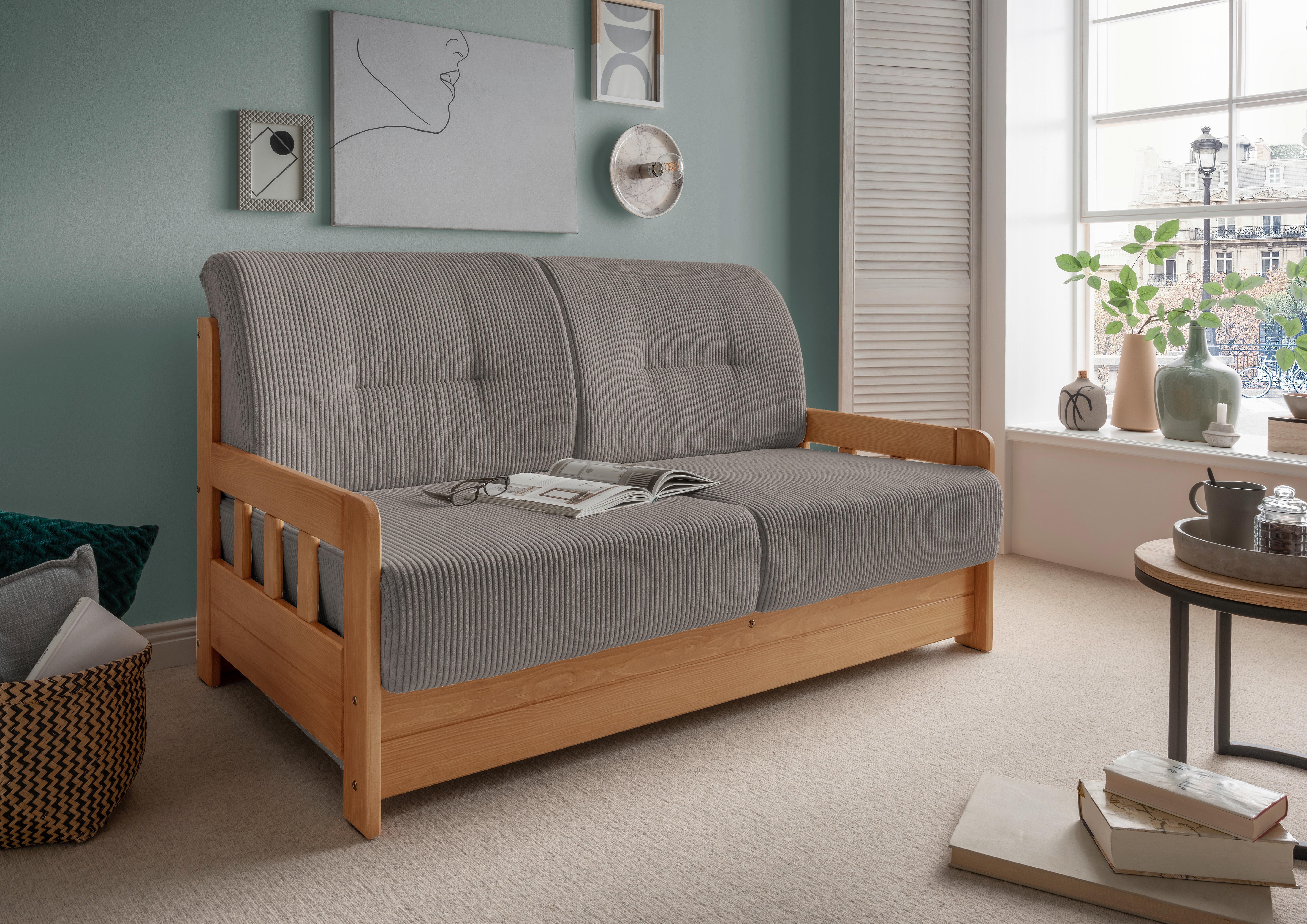 Schlafsofa Camino Holzkorpus Kiefer/Graubraun - Graubraun/Kieferfarben, MODERN, Holz/Textil (154/88/90cm) - Livetastic