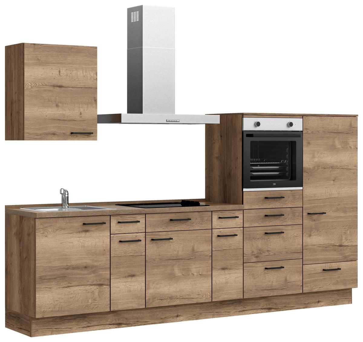 Küchenblock Structura Low m. Geräten Eiche dunkel - Eiche dunkel/Eichefarben, MODERN, Holzwerkstoff/Metall (300cm) - Nobilia