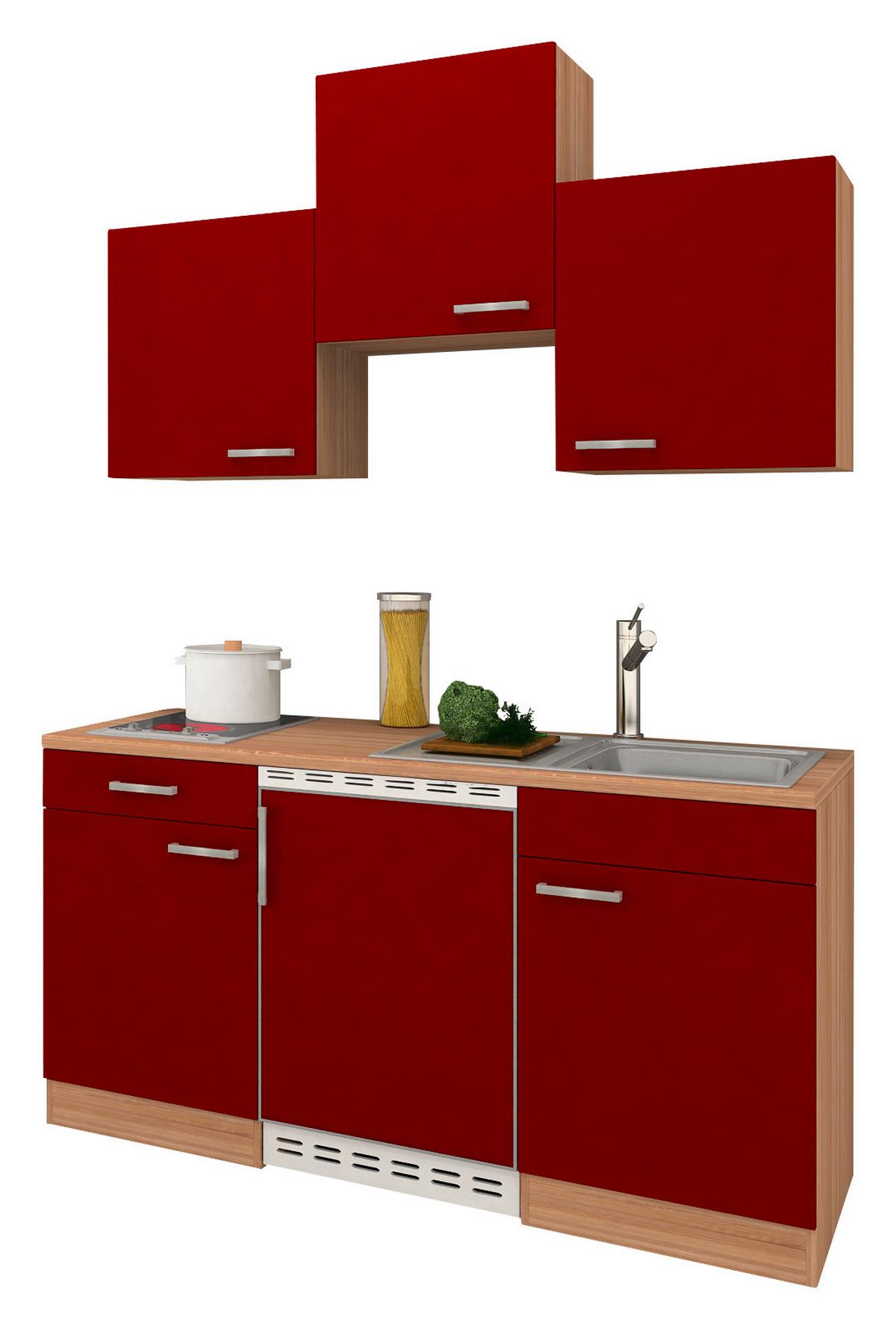 Miniküche Economy m. Geräten B: ca. 150cm Rot/Eichefarben - Rot, Basics, Holzwerkstoff (150cm) - Respekta