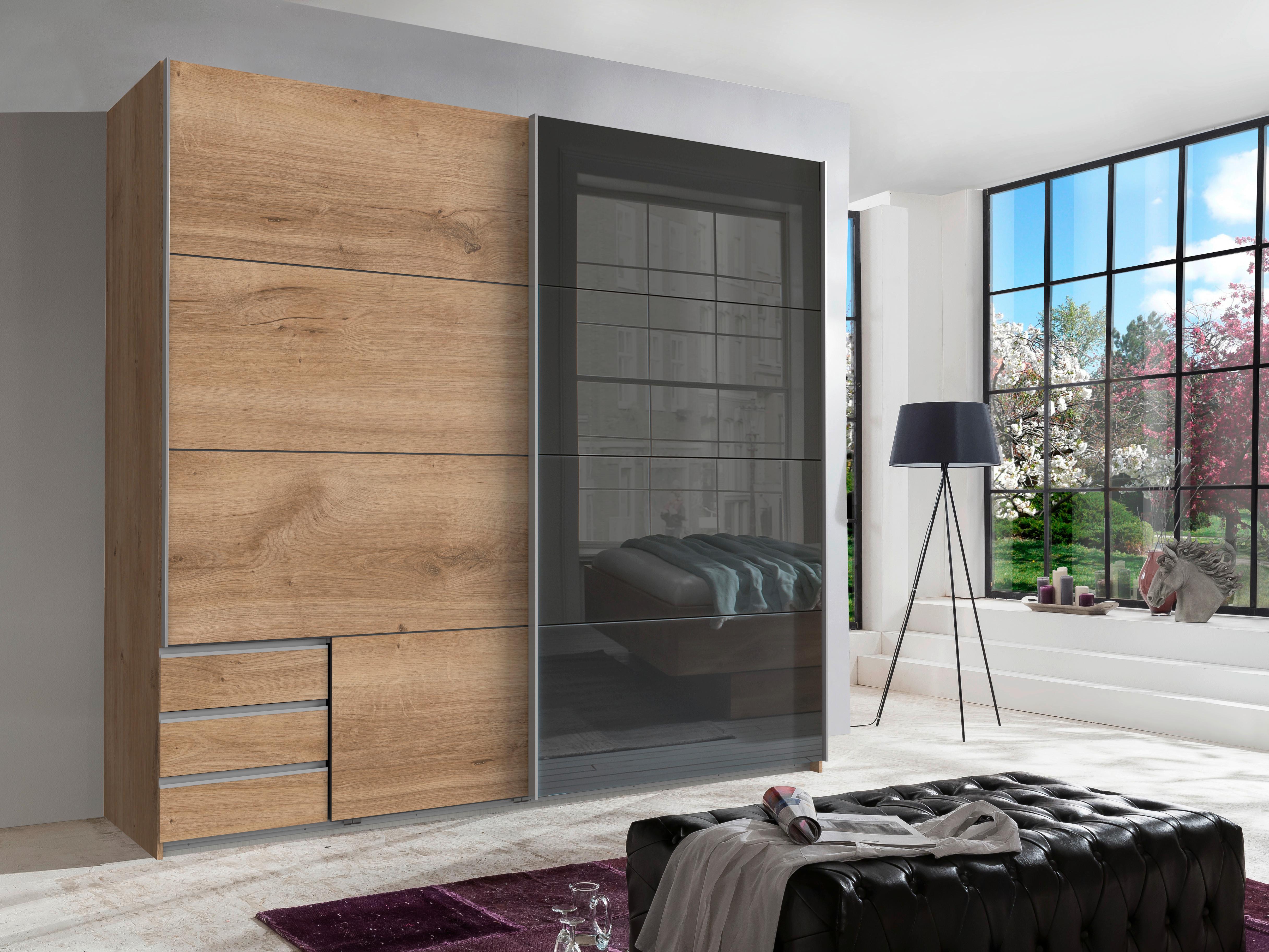 Tolóajtós Szekrény 2 Ajtós Valencia - tölgyfa színű/alumíniumszínű, Modern, faalapú anyag/fém (225/208/64cm)