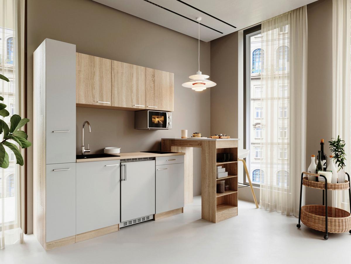 Küchenblock Ingrid m. Geräten Weiß - Eichefarben/Alufarben, Design, Holzwerkstoff/Kunststoff (180cm) - Respekta