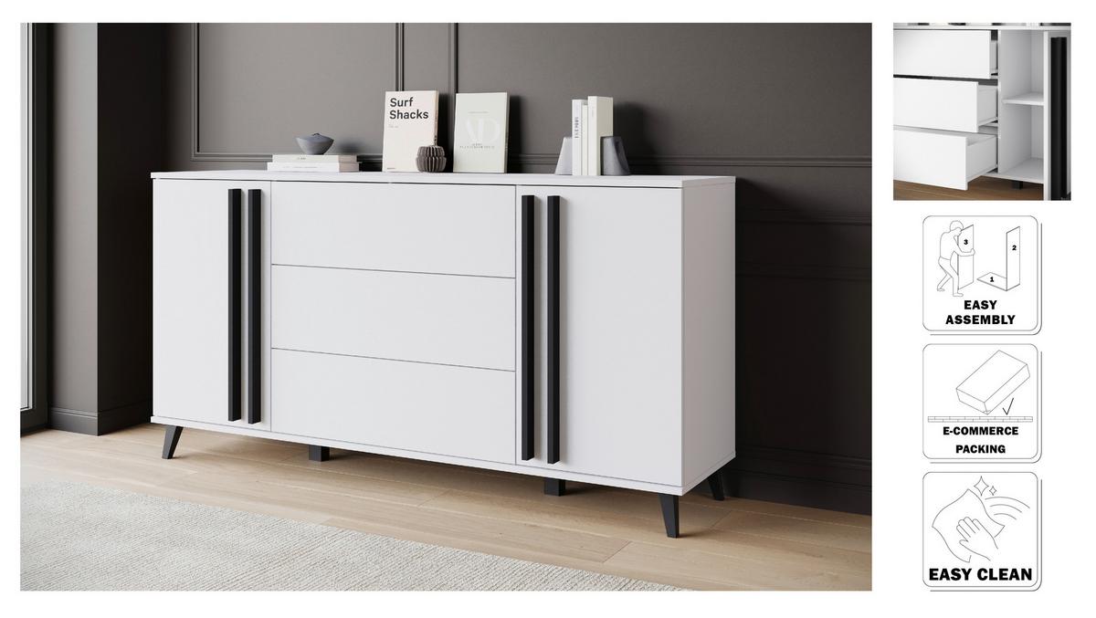 SIDEBOARD Helsinki Weiß B: 150cm - Schwarz/Weiß, Trend, Holzwerkstoff/Kunststoff (150/77,8/39,5cm) - P & B
