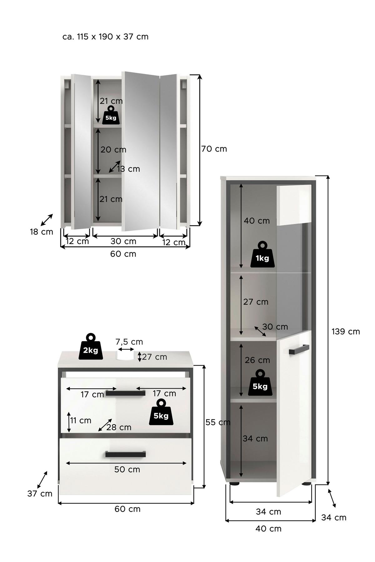 Badezimmer Kojak 3-tlg. Weiß/Anthrazit - Weiß Hochglanz/Schwarz, MODERN, Holzwerkstoff/Kunststoff (100cm) - MID.YOU