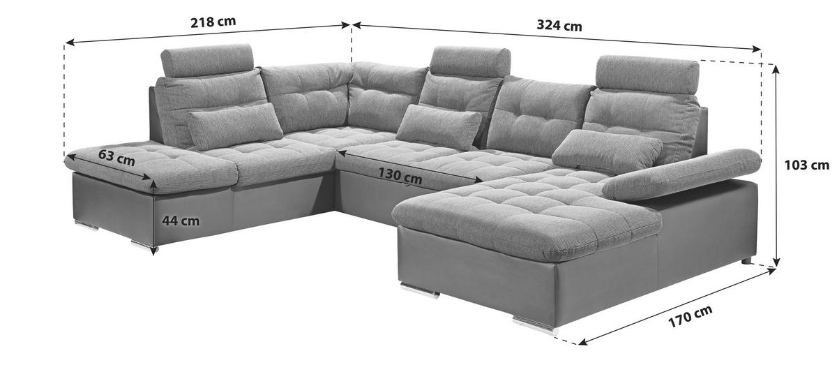 Wohnlandschaft Jakarta U inkl. Kissen Grau/Schwarz - Chromfarben/Schwarz, Design, Kunststoff/Textil (218/324/170cm) - MID.YOU