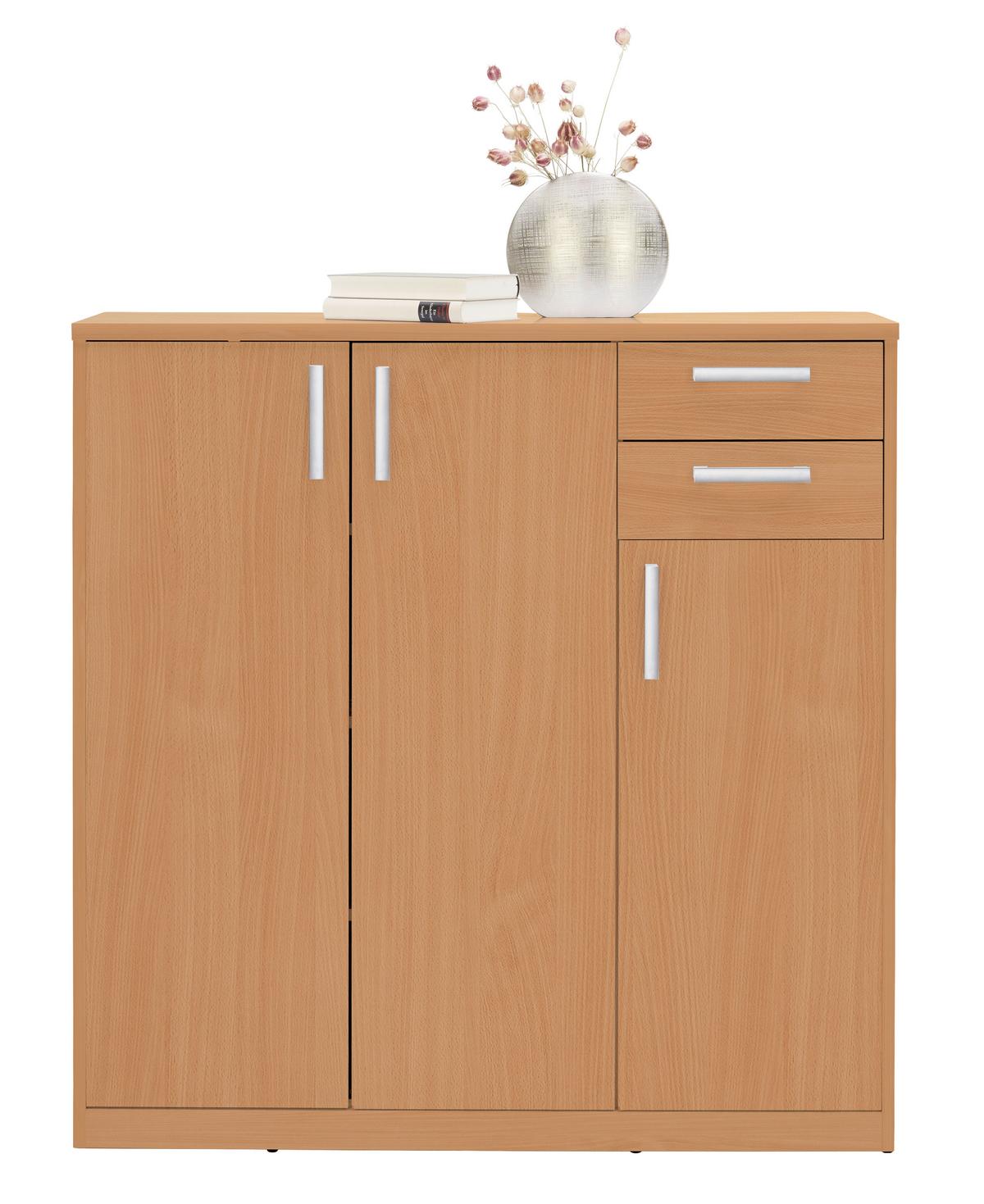 KOMODA EASY - kolor bukowy/kolor srebrny, Basics, materiał drewnopochodny (106/110/36cm) - Xora