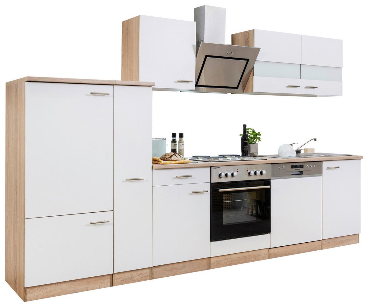 Küchenblock Merle mit Geräten ca. 310 cm Weiß - Edelstahlfarben/Eichefarben, Basics, Holzwerkstoff/Metall (310cm) - Respekta