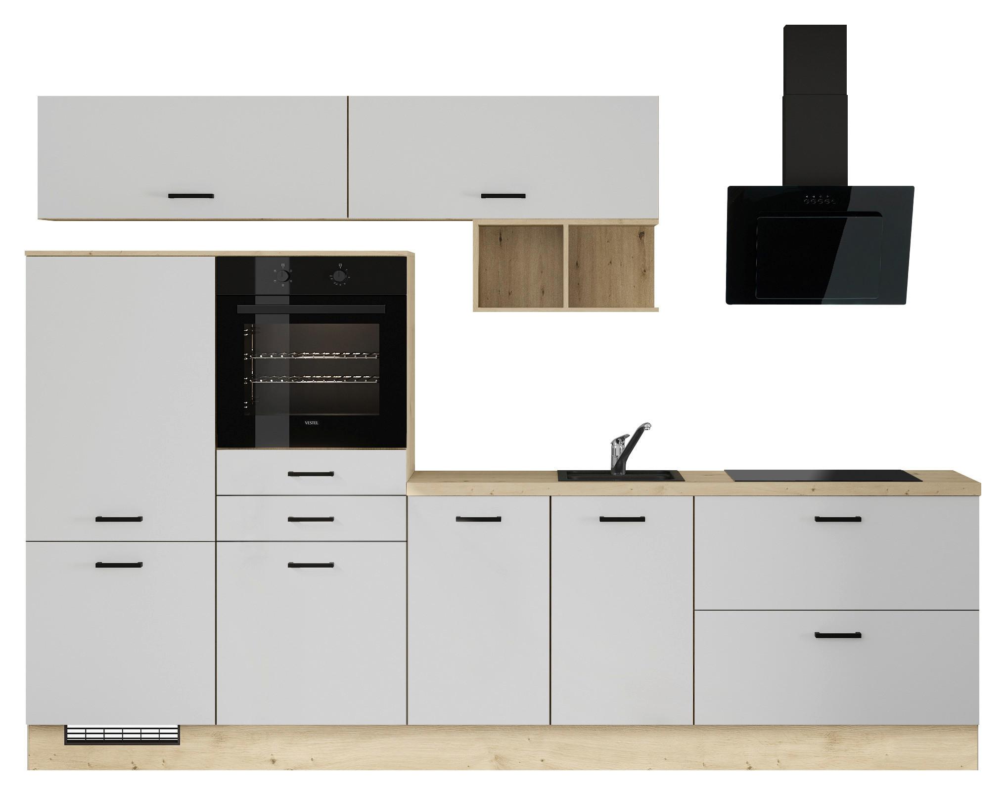 Küchenblock IKZ mit Geräten ca.300cm Weiß - Eichefarben/Schwarz, Design, Holzwerkstoff/Metall (300cm) - Impuls