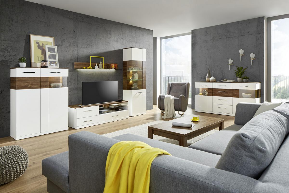 TV-Möbel in Weiss Hochglanz - Weiss/Akaziefarben, Modern, Holz (160/49/50cm) - Premium Living