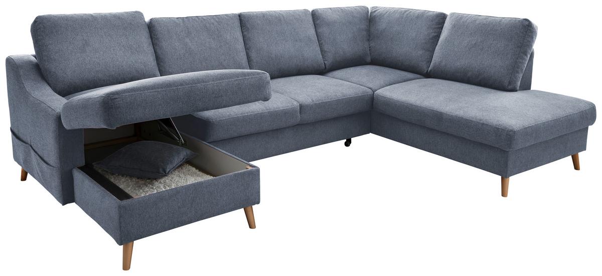 Wohnlandschaft Valentina Blau Struktur - Blau/Naturfarben, KONVENTIONELL, Holz/Textil (150/301/200cm) - P & B