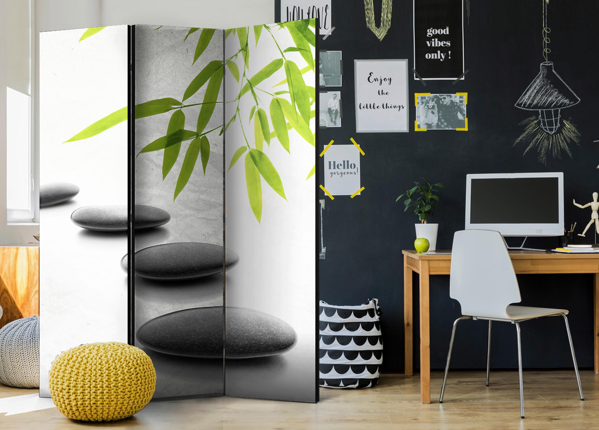 Paravan Zen Stones, 3-Delni, Dvostranski - zelena/sivobela, Moderno, tekstil/les (135/172/3cm) - artgeist
