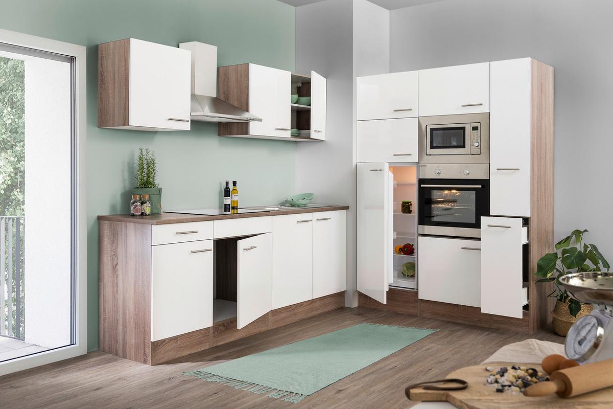 Küchenzeile Economy o. Geräte Weiß/Eiche B: ca. 360 cm - Edelstahlfarben/Eichefarben, Basics, Holzwerkstoff/Metall (360cm) - Respekta