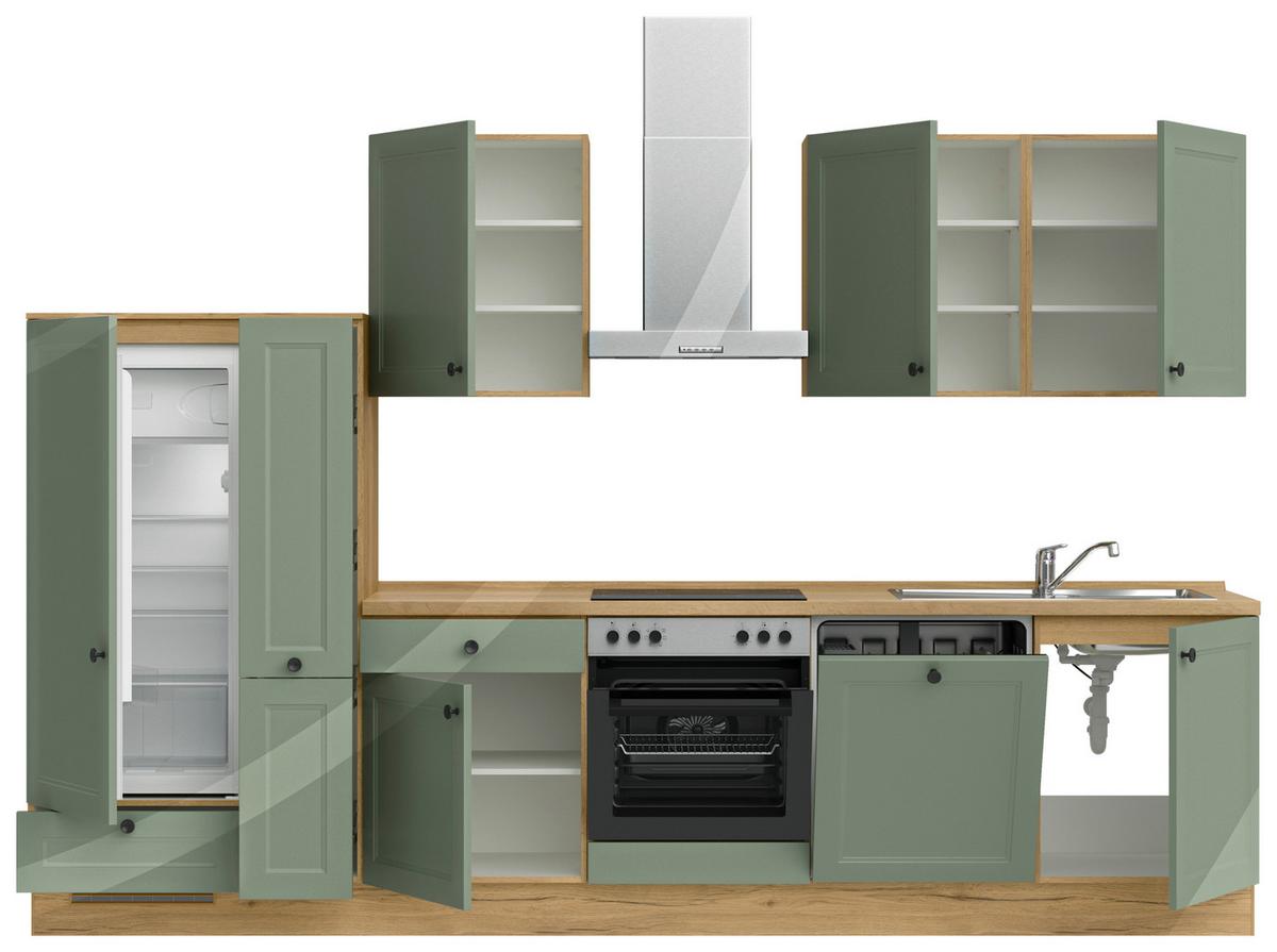 Küchenblock Cascada Low m. Geräten Schilfgrün - Schilfgrün/Eichefarben, MODERN, Holzwerkstoff/Metall (330cm) - Nobilia